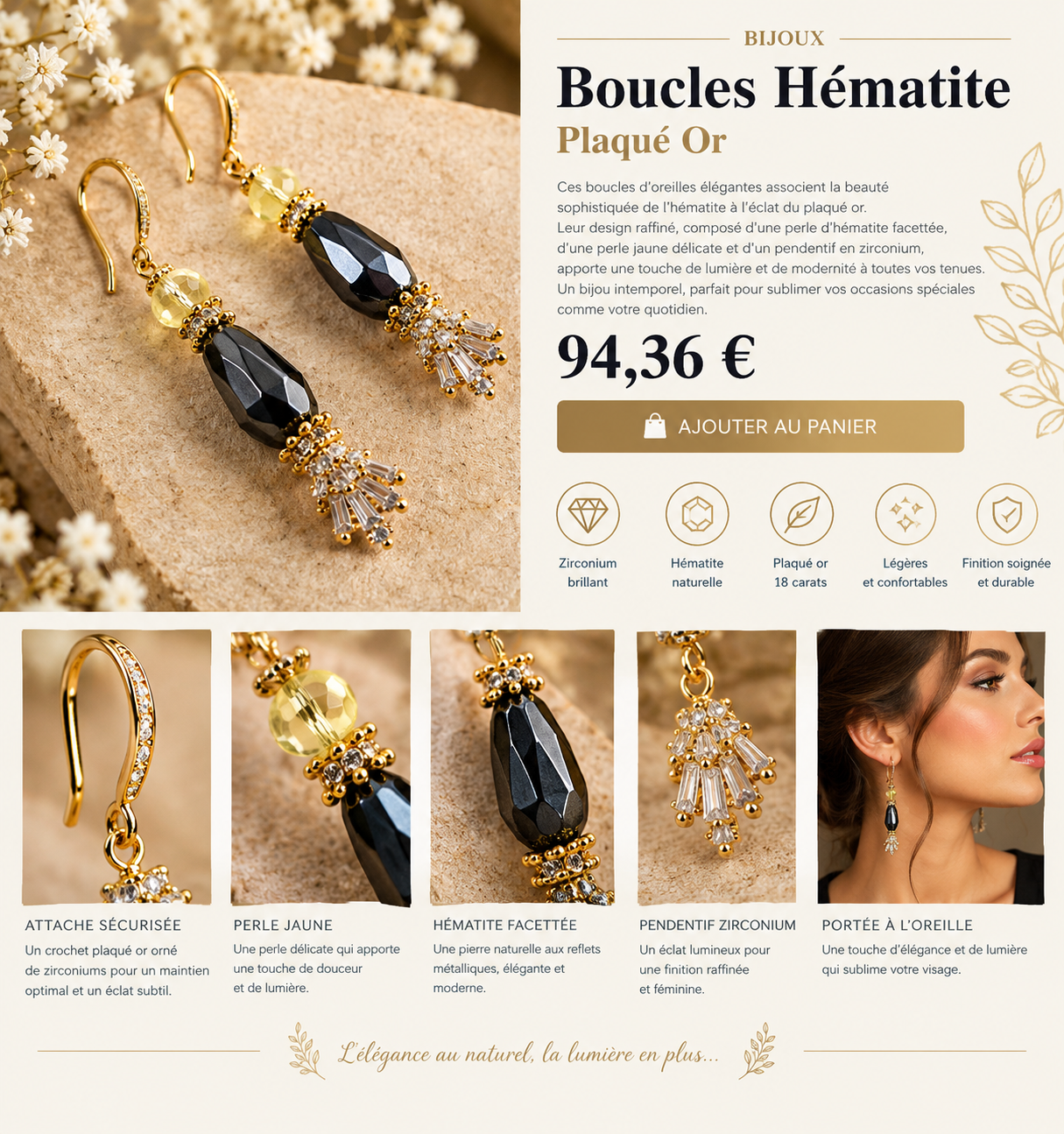 Boucles Hématite, Élégance Dorée