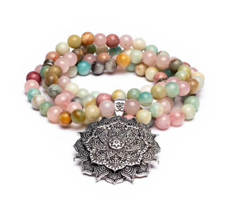 mala amazonite/Quartz rose/Rhodonite et lotus