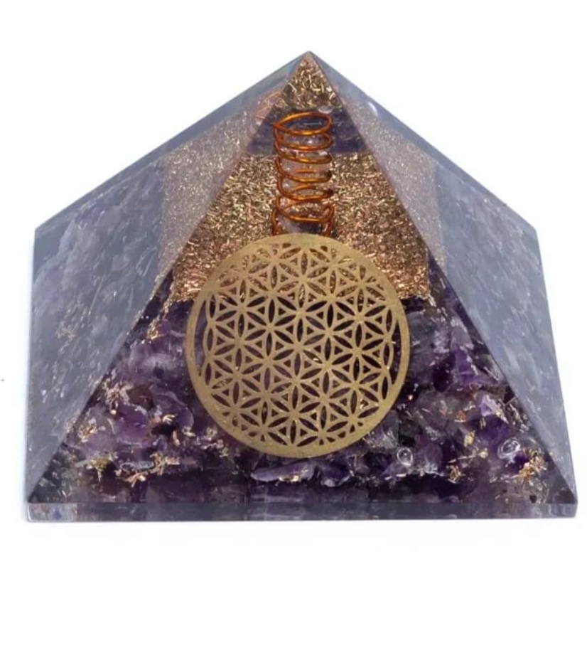 Pyramide Orgonite Améthyste Fleur de Vie