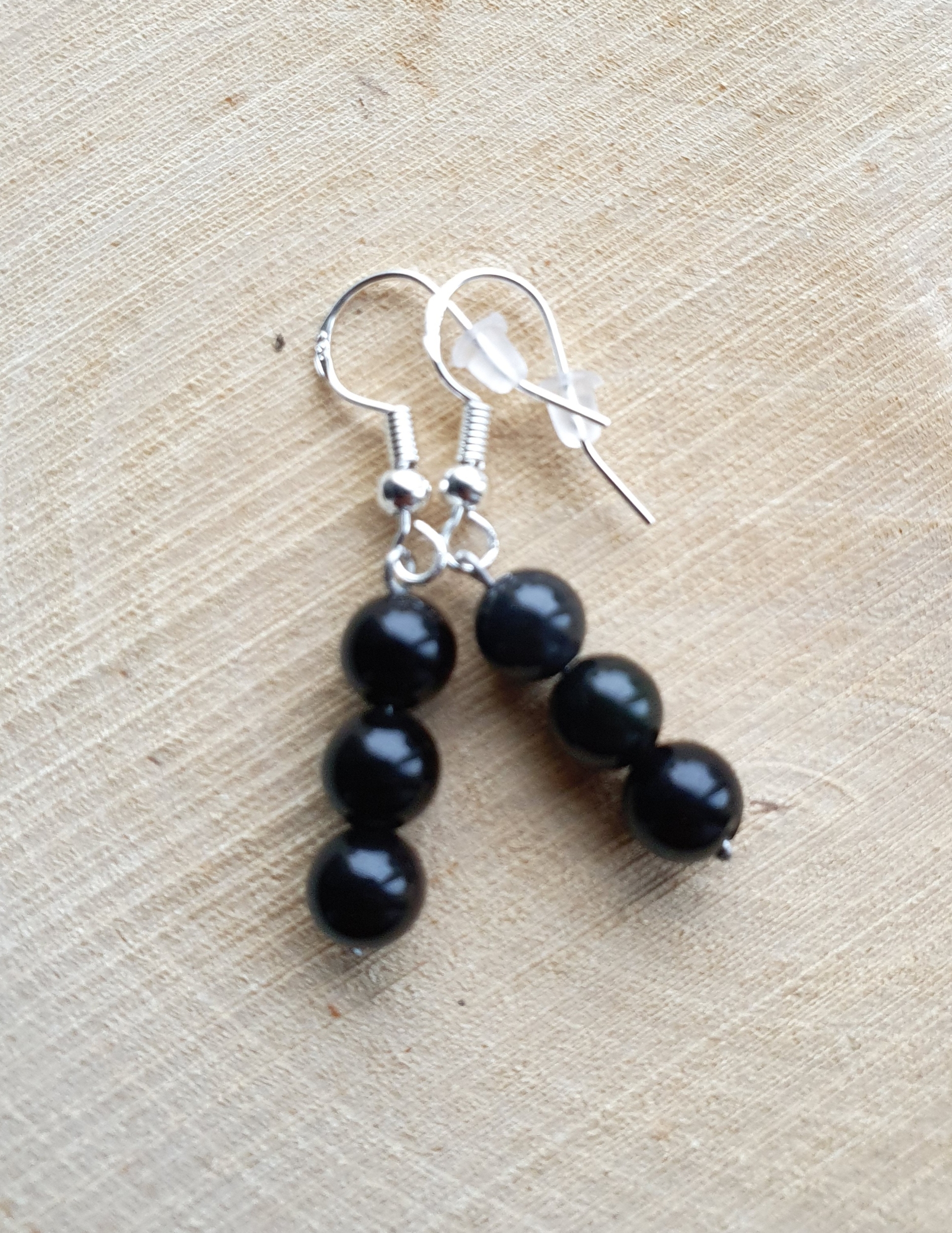 Boucles doreilles Obsidienne noire Triple perles