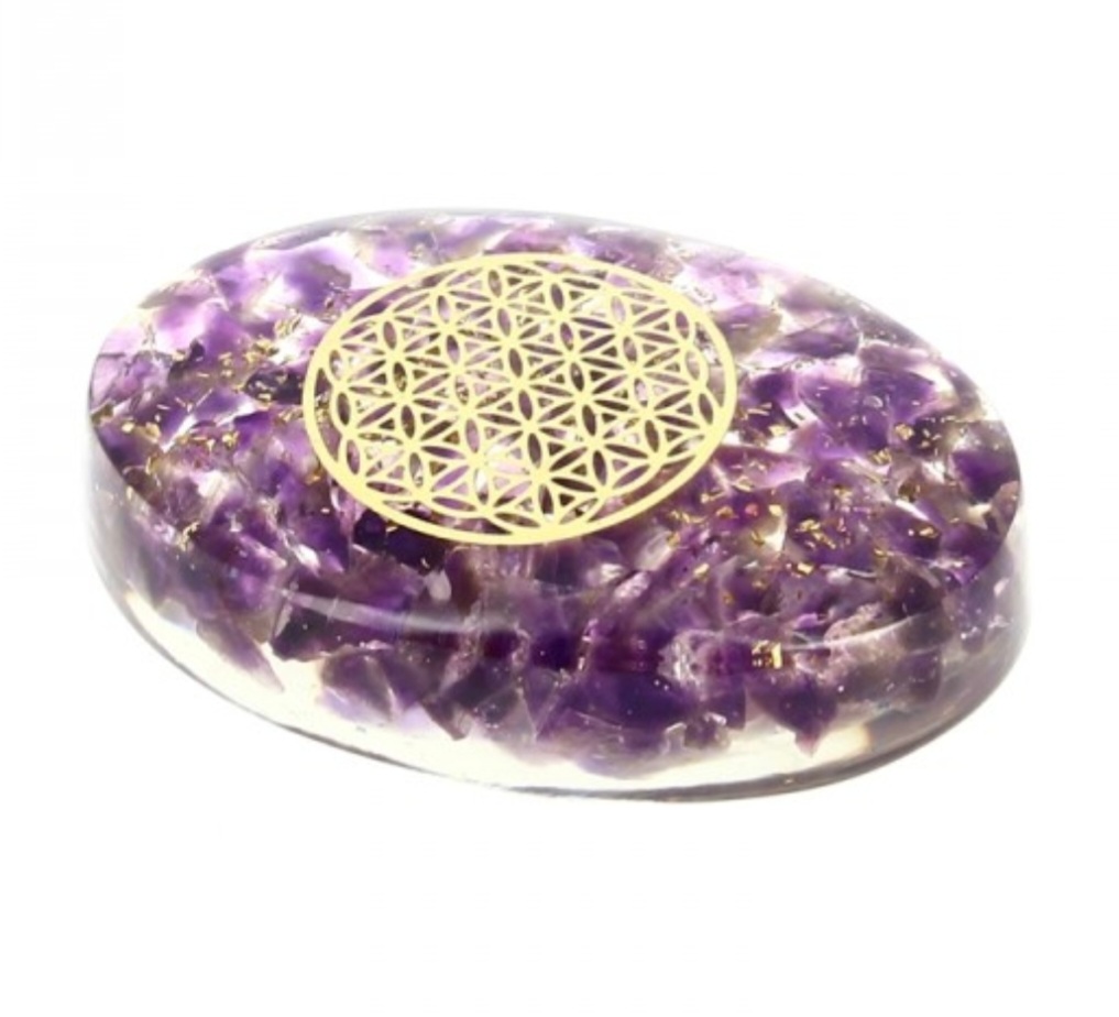 Grand Galet Orgonite Améthyste Fleur de Vie