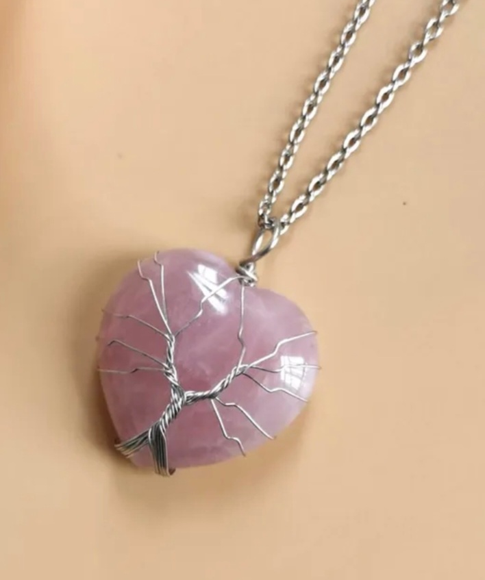 Pendentif Coeur Quartz Rose Arbre de Vie
