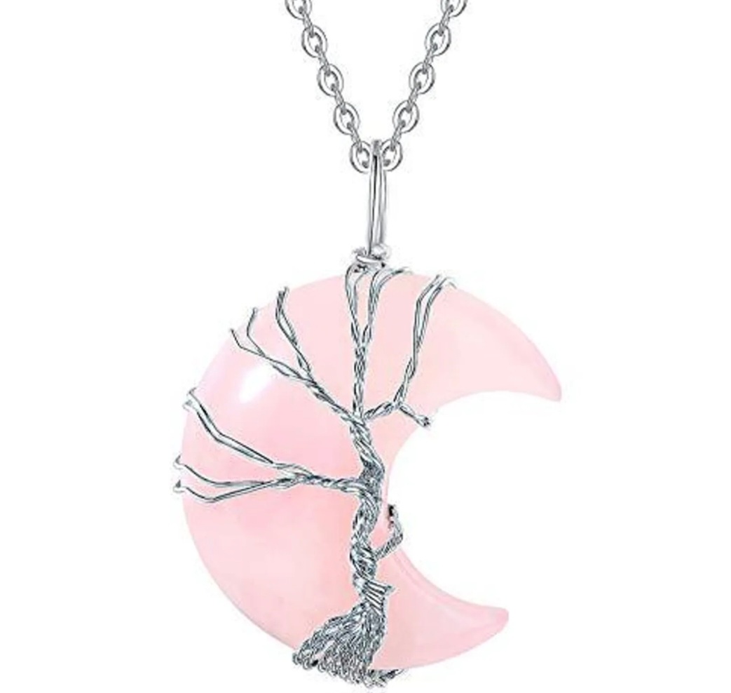 Pendentif Lune en Quartz Rose Arbre de Vie