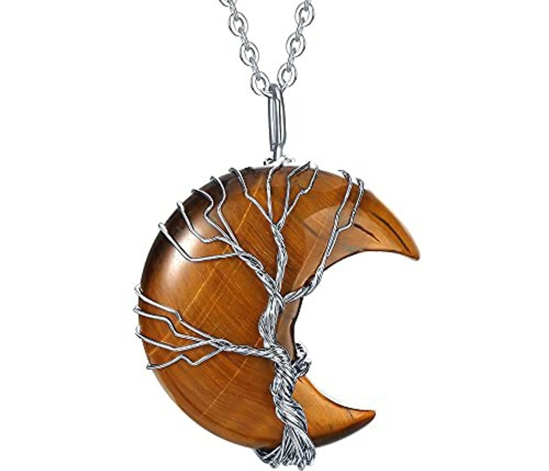 Pendentif Lune en Œil de Tigre Arbre de Vie