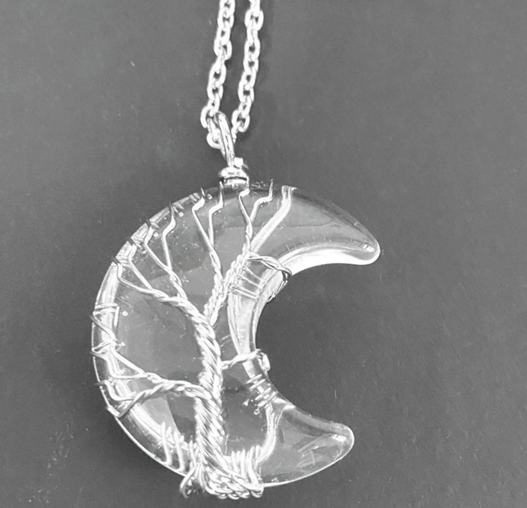 Pendentif Lune en Cristal de Roche Transparent Arbre de Vie