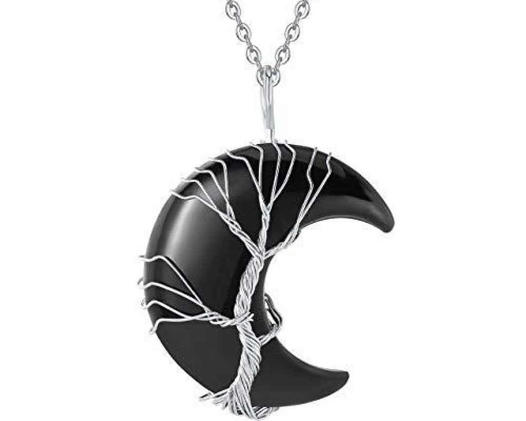 Pendentif Lune en Obsidienne Noire Arbre de Vie
