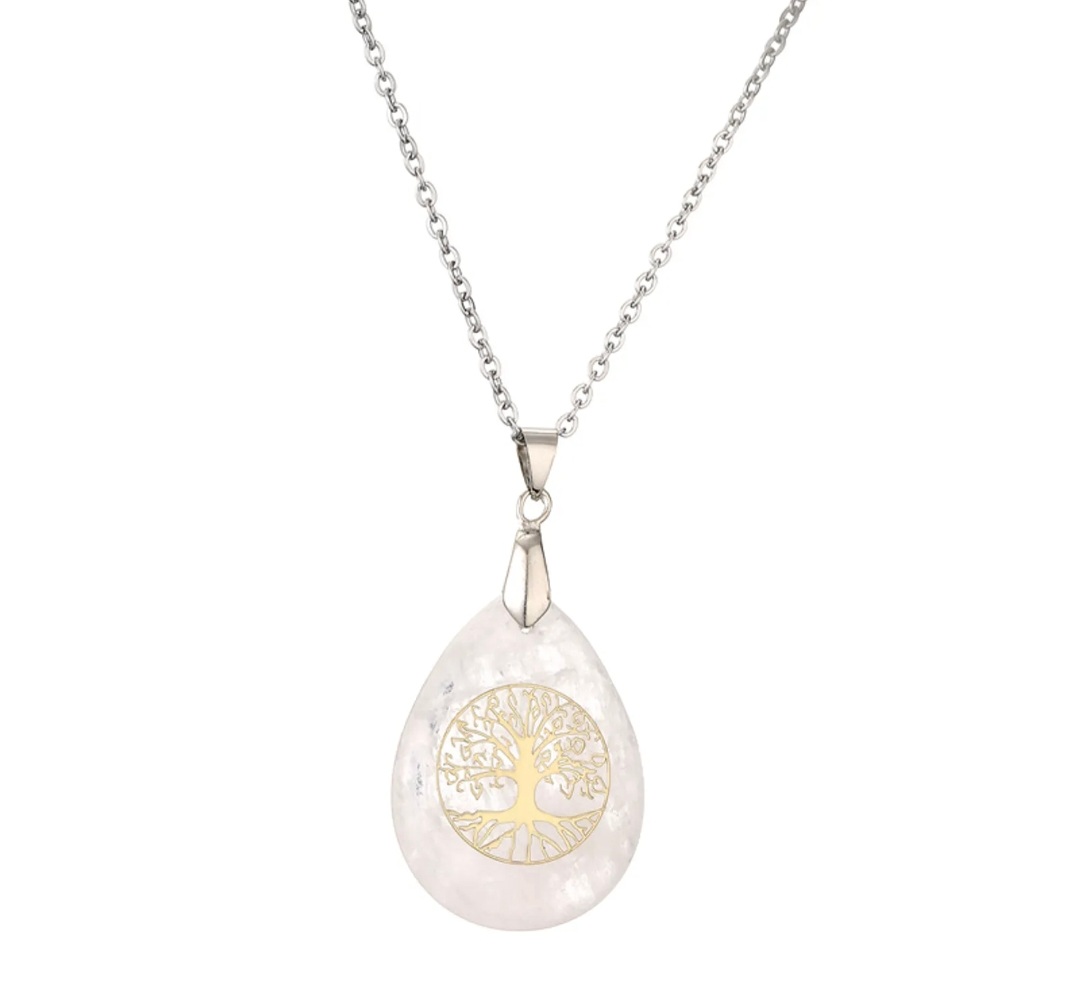 Pendentif Cristal de Roche et Arbre de Vie doré