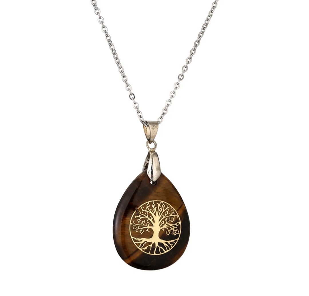 Pendentif Œil de Tigre et Arbre de Vie doré