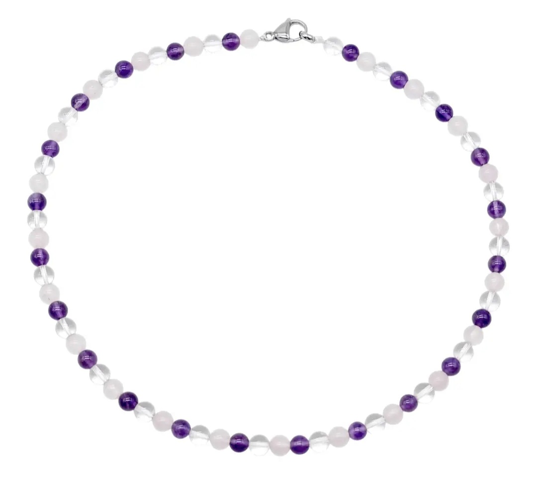 Collier Améthyste, Quartz rose et Cristal de roche