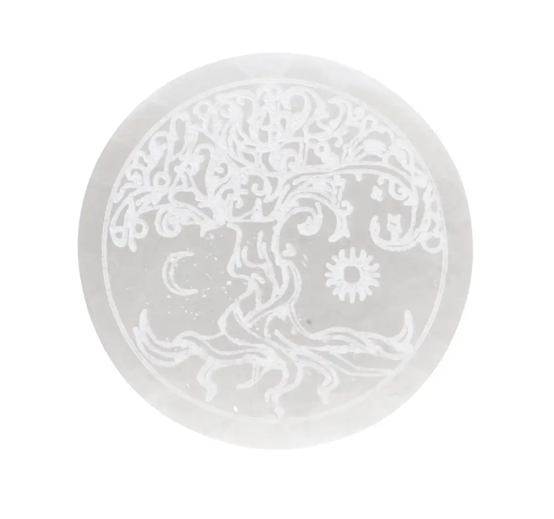 Plaque Sélénite Arbre de Vie avec Soleil et Lune