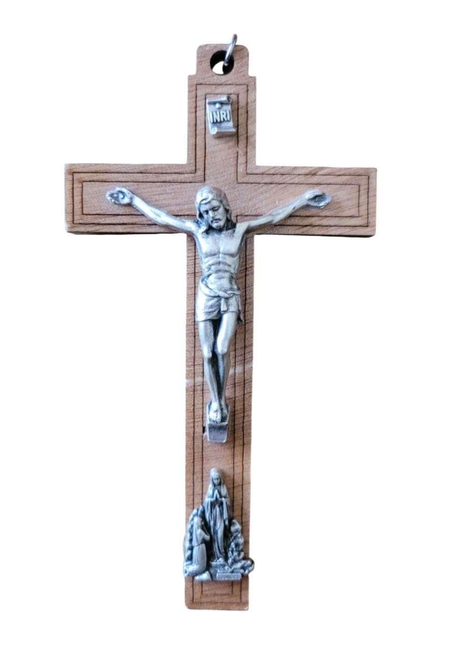 Croix en Bois avec Christ et Apparition de Lourdes
