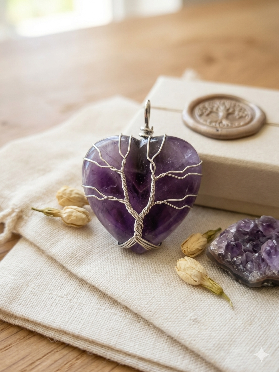 Pendentif Cœur en Améthyste Arbre de Vie