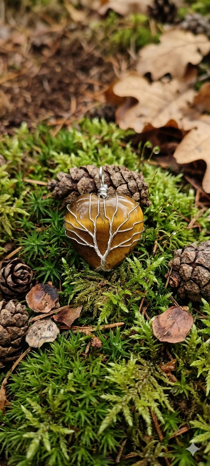 Pendentif Cœur en Œil de Tigre Arbre de Vie