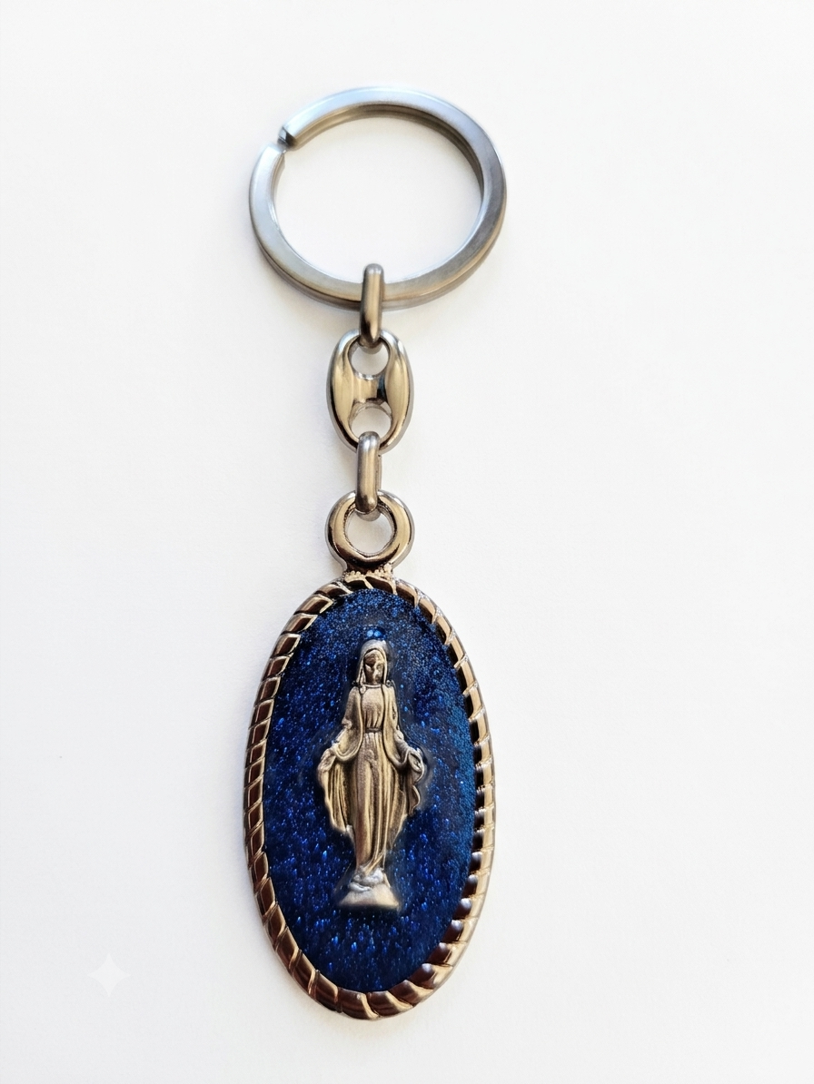 Porte clés Vierge Marie Ovale bleu