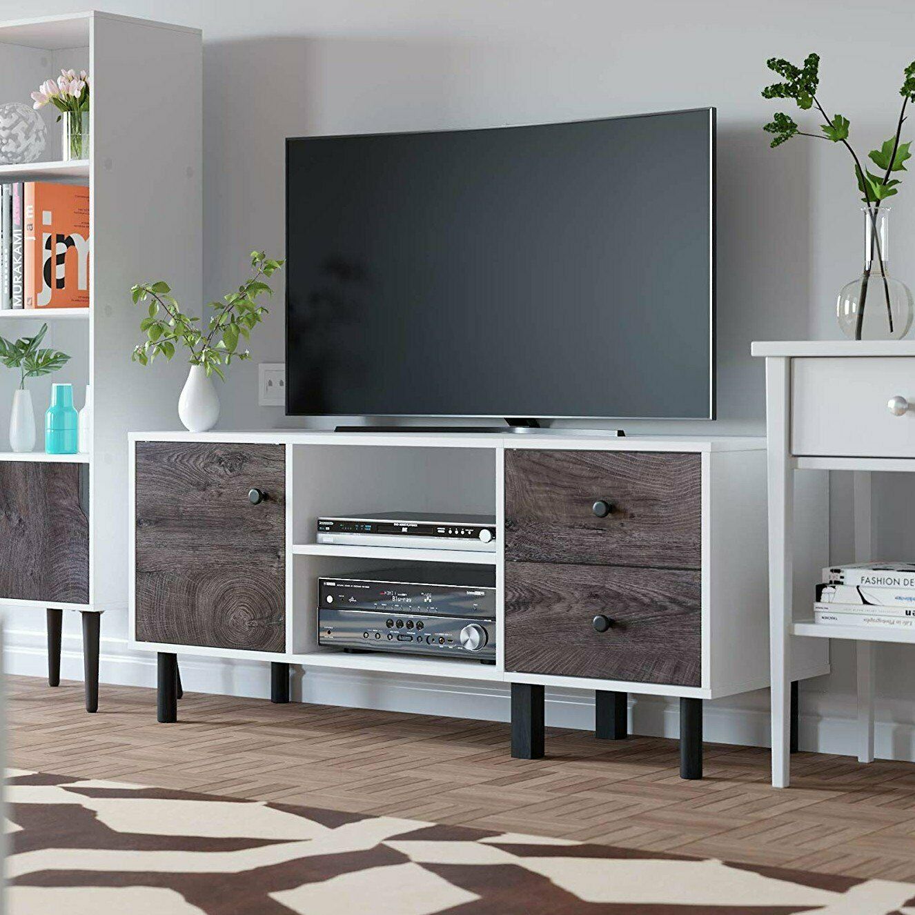 Meuble-TV-HWC-blanc-marron-Double-porte-supports-de-t-l-vision-Table-basse-organisateur-de