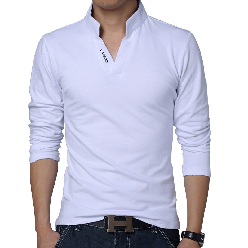 T-Shirt-manches-longues-col-Mandarin-pour-homme-en-coton-de-couleur-unie-de-marque-Slim