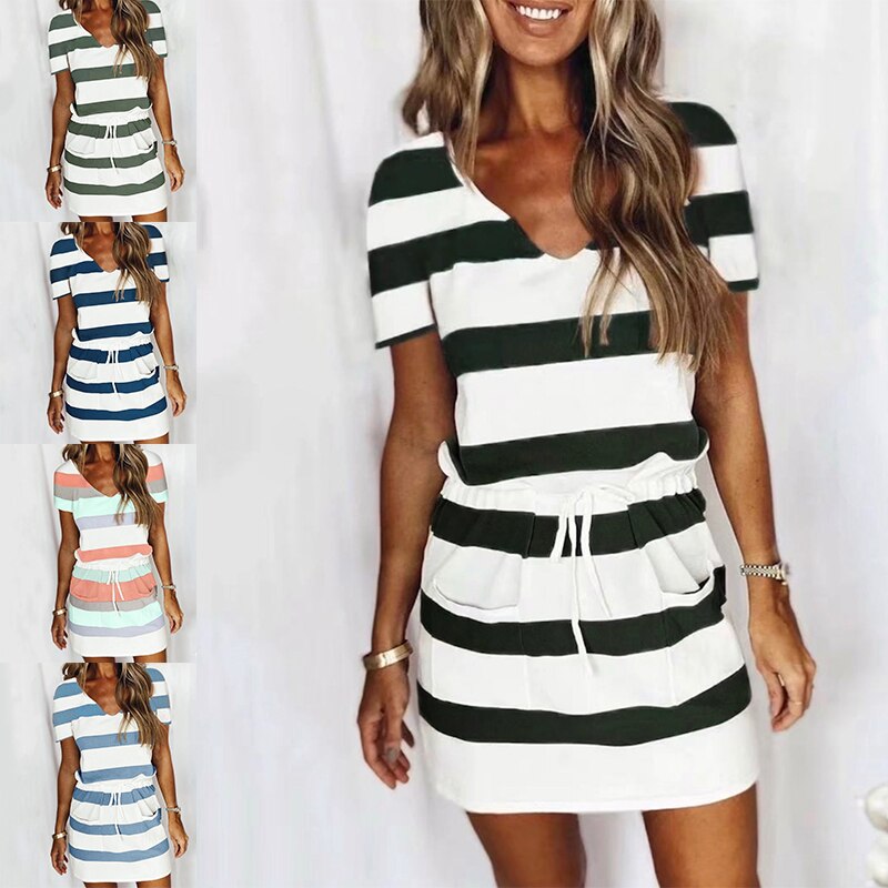 Robe-d-t-ray-e-manches-courtes-pour-femmes-avec-cordon-de-serrage-poches-Patchwork-d