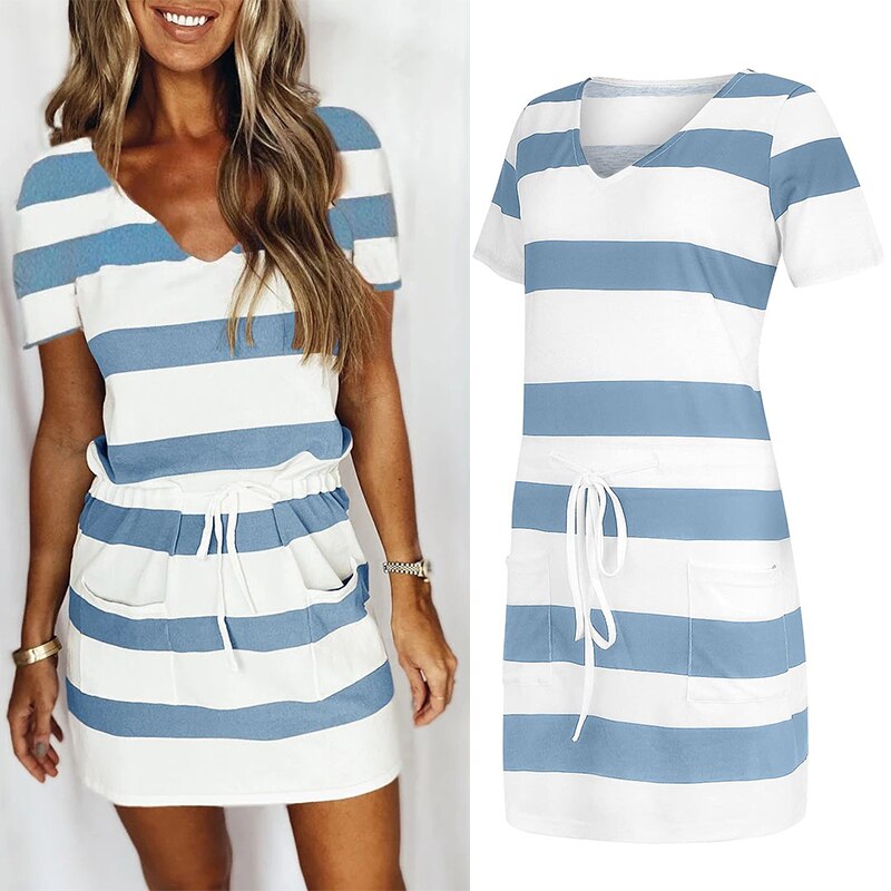 Robe-d-t-ray-e-manches-courtes-pour-femmes-avec-cordon-de-serrage-poches-Patchwork-d