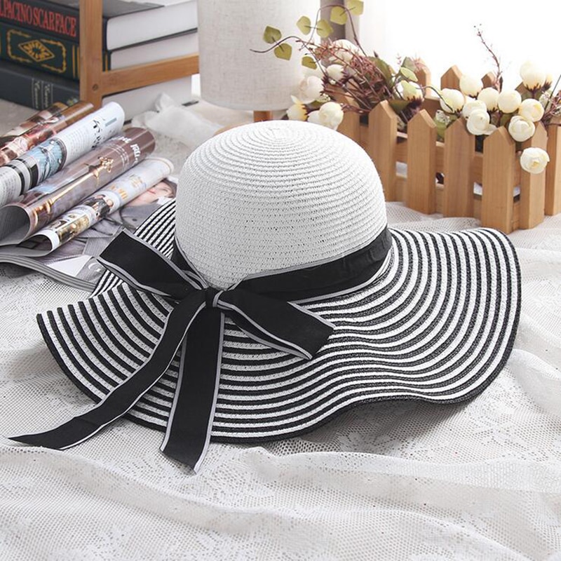 Chapeau-de-soleil-en-paille-pour-femmes-couvre-chef-larges-bords-rayures-blanches-et-noires-avec