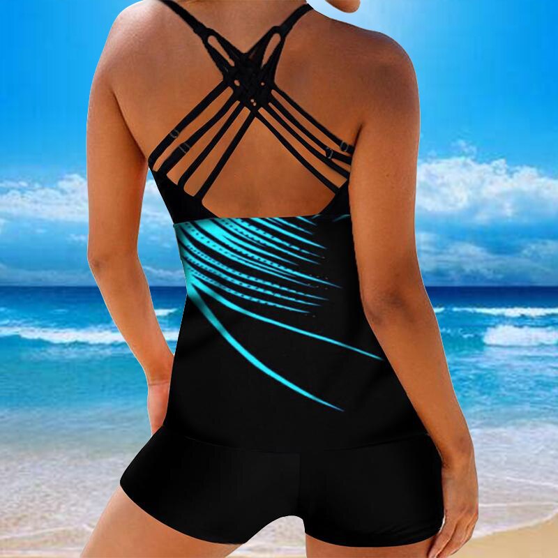 Femmes-Sexy-Tankini-Plage-Bleu-Imprim-Dos-Nu-Maillot-De-Bain-2-Pi-ces-Mode-Spaghetti