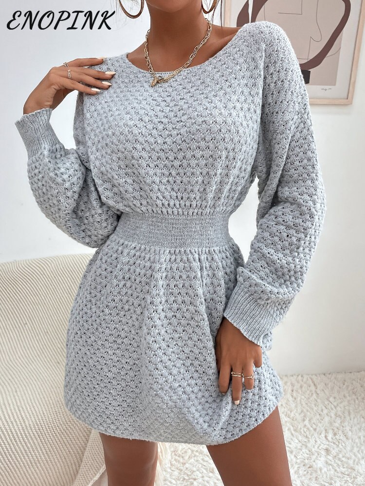 Mini-robe-tricot-e-de-couleur-unie-pour-femmes-col-rond-manches-longues-pull-robe-de