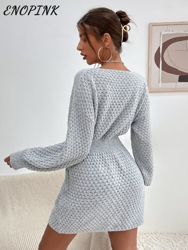 Mini-robe-tricot-e-de-couleur-unie-pour-femmes-col-rond-manches-longues-pull-robe-de