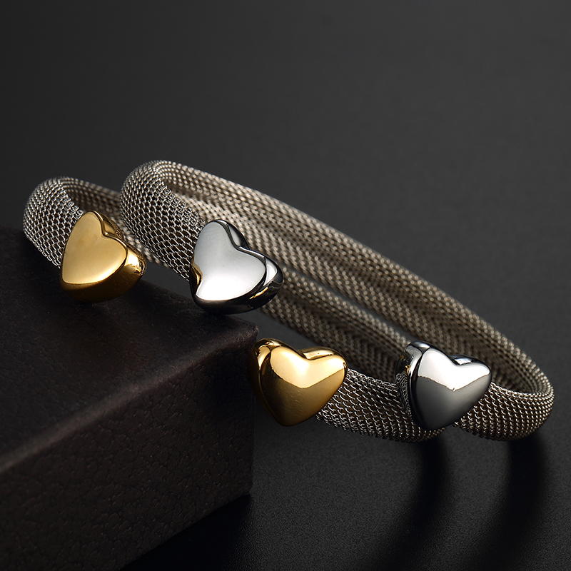 Bracelets-en-forme-de-c-ur-pour-femmes-maille-grise-argent-or-manchette-ouverte-en-acier