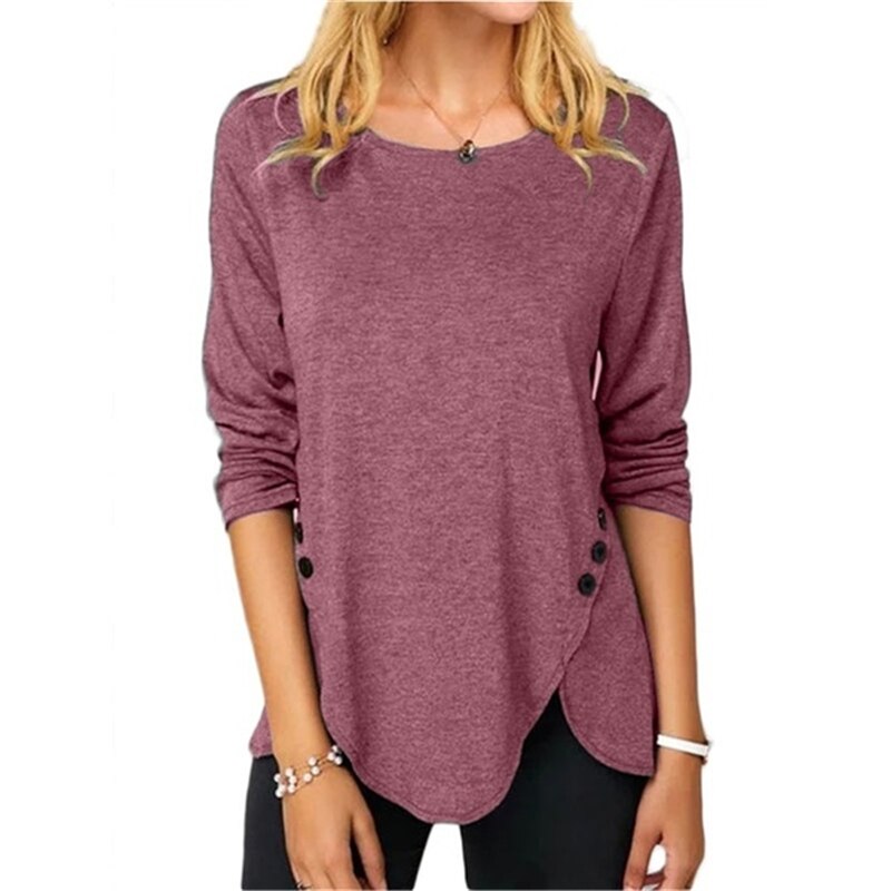 T-Shirt-manches-longues-pour-femmes-col-rond-boutons-couleur-unie-ample-coton-pull-irr-gulier