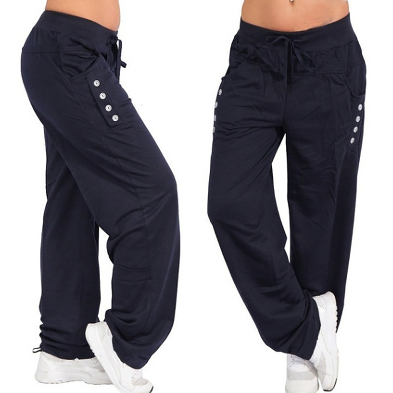 Pantalon-de-sport-lacets-pour-femmes-couleur-unie-boutons-d-contract-ample-droit-taille-haute-jogging