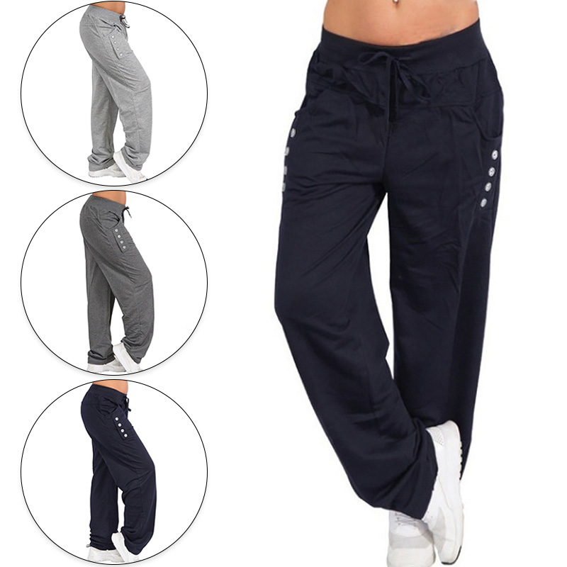 Pantalon-de-sport-lacets-pour-femmes-couleur-unie-boutons-d-contract-ample-droit-taille-haute-jogging