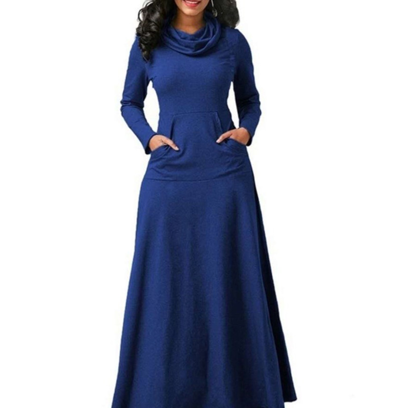 Robe-Maxi-col-roul-pour-femmes-couleur-unie-poches-manches-longues-d-contract-e-soir-e