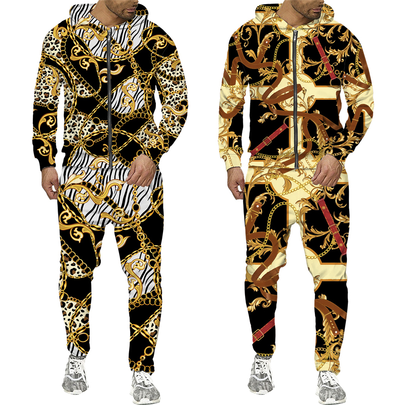 Ensemble-de-luxe-capuche-surv-tement-pour-hommes-motif-dor-imprim-3D-fermeture-clair-couronne-de