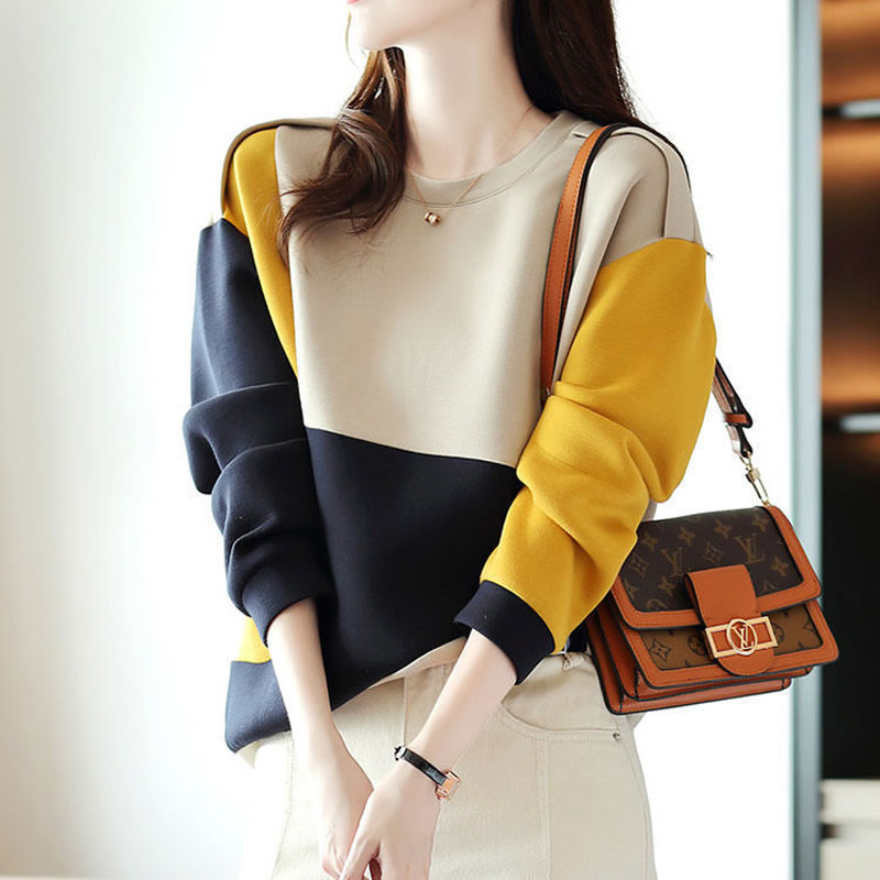 Sweat-shirt-manches-longues-et-col-rond-pour-femme-pullover-de-couleurs-contrast-es-d-contract