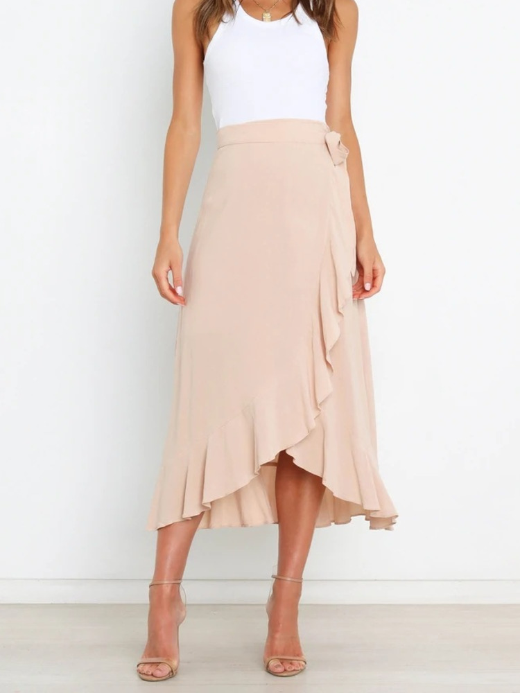 Longue-jupe-en-mousseline-de-soie-rose-pour-femmes-tenue-d-t-lacets-irr-guliers-couleur