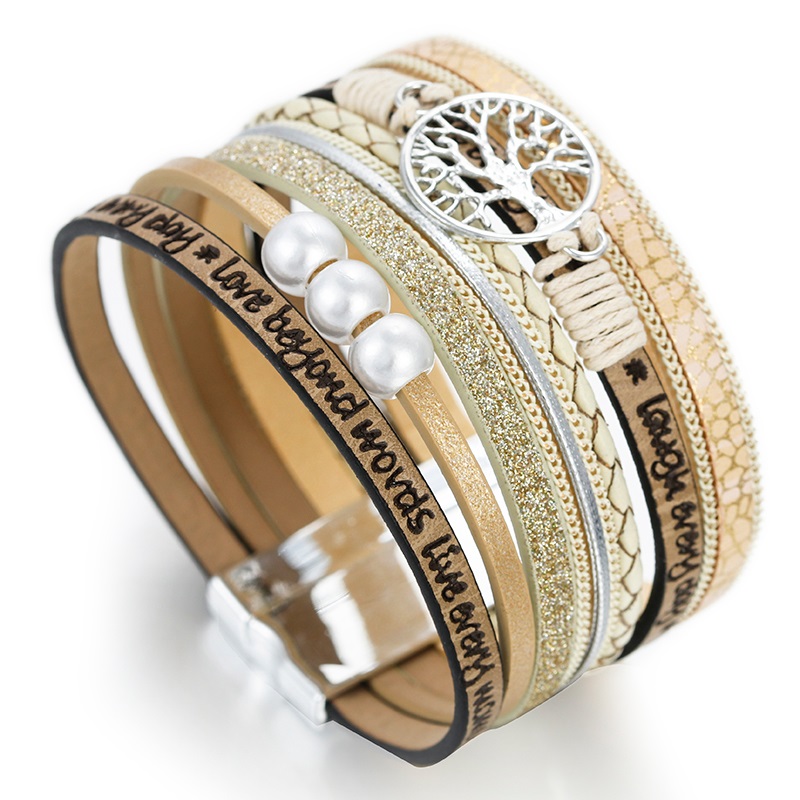 Bracelets empilage en cuir perles et arbre de vie pour femmes