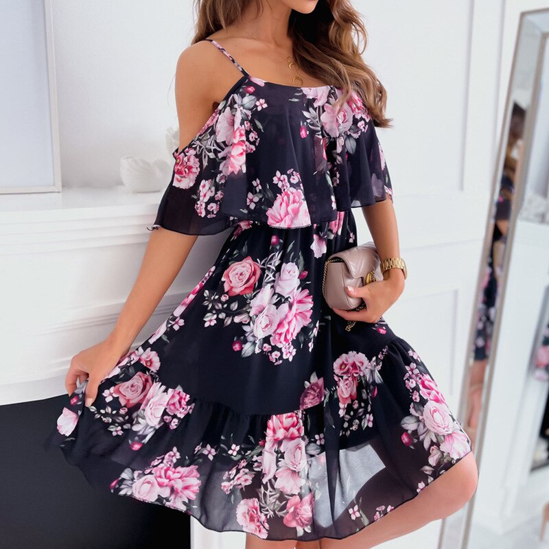 Robe-d-t-en-tissu-maill-imprim-floral-pour-femmes-robes-de-vacances-A-Line-sangle