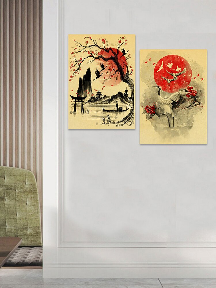 Affiches-de-paysage-de-chat-de-Geisha-Koi-papier-kraft-r-tro-peinture-murale-d-art