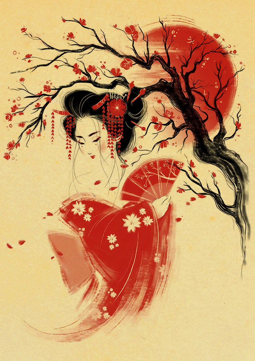 Affiches-de-paysage-de-chat-de-Geisha-Koi-papier-kraft-r-tro-peinture-murale-d-art