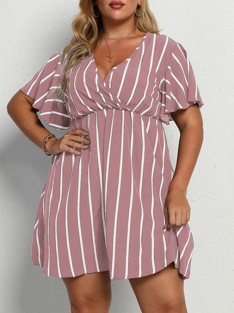 Robe-ray-e-manches-courtes-pour-femmes-grande-taille-col-en-V-taille-4-3-ked