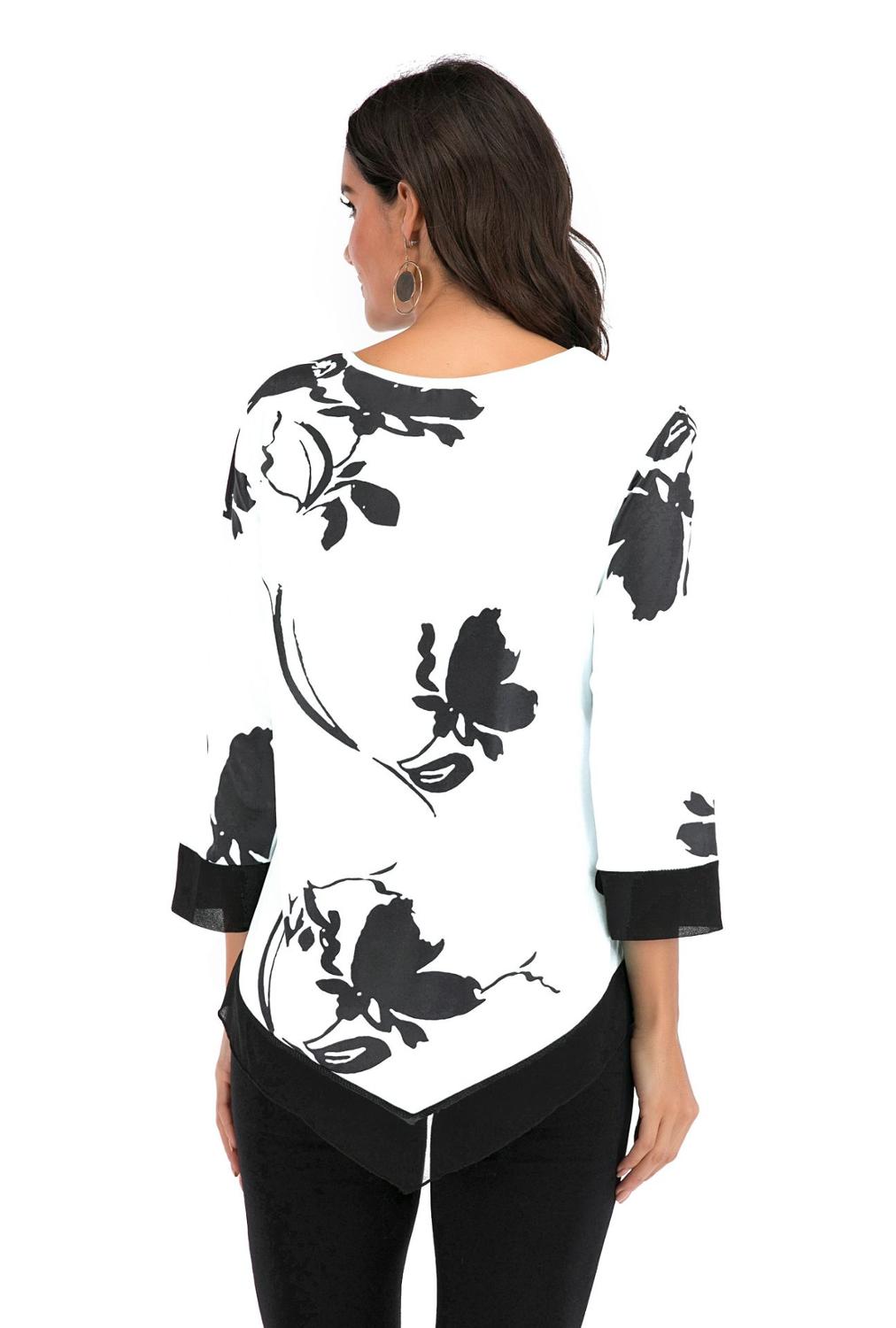 Chemisier-col-rond-imprim-pour-femme-chemise-manches-3-4-pull-d-contract-ourlet-irr-gulier