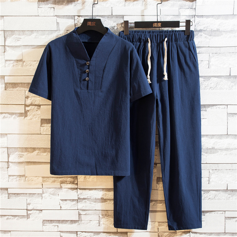 2023-t-hommes-coton-et-lin-manches-courtes-T-Shirt-rin-age-longueur-pantalon-ensemble-solide