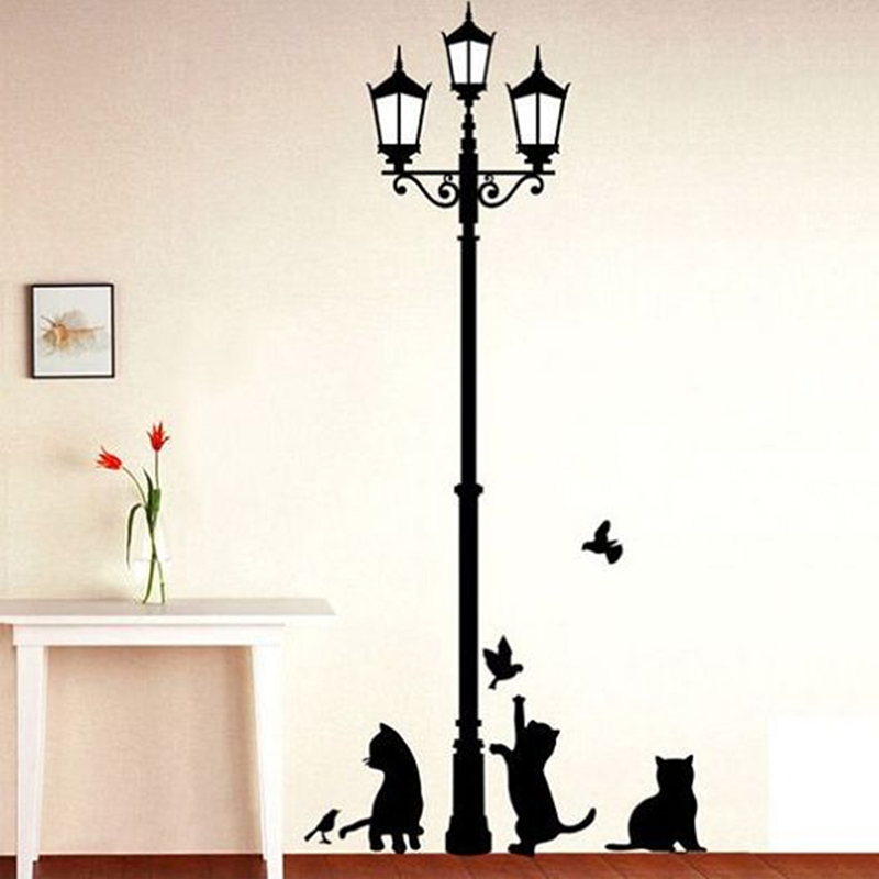 Autocollant mural lampadaire et chats 135cm