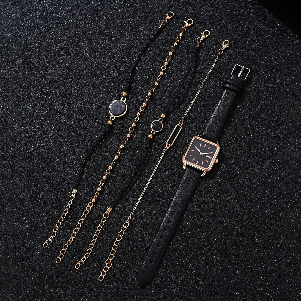 GAIETY-Montre-quartz-pour-femmes-ensemble-de-5-pi-ces-bracelet-en-cuir-cadran-carr-horloge