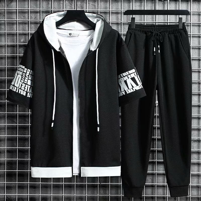 Ensemble-de-surv-tement-capuche-et-fermeture-clair-pour-hommes-manches-courtes-taille-lastique-v-tements