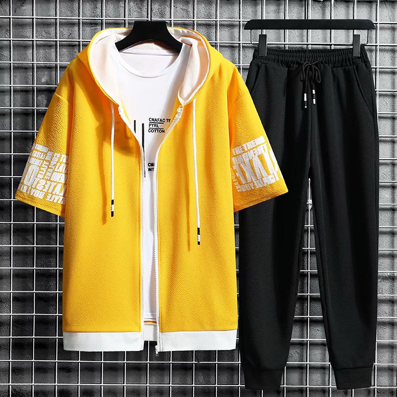 Ensemble-de-surv-tement-capuche-et-fermeture-clair-pour-hommes-manches-courtes-taille-lastique-v-tements