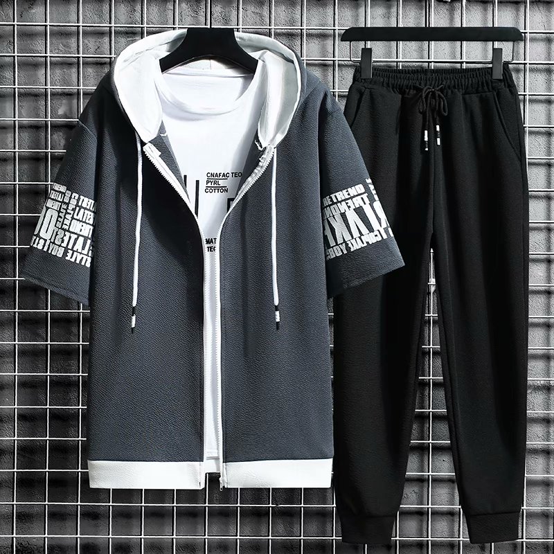 Ensemble-de-surv-tement-capuche-et-fermeture-clair-pour-hommes-manches-courtes-taille-lastique-v-tements