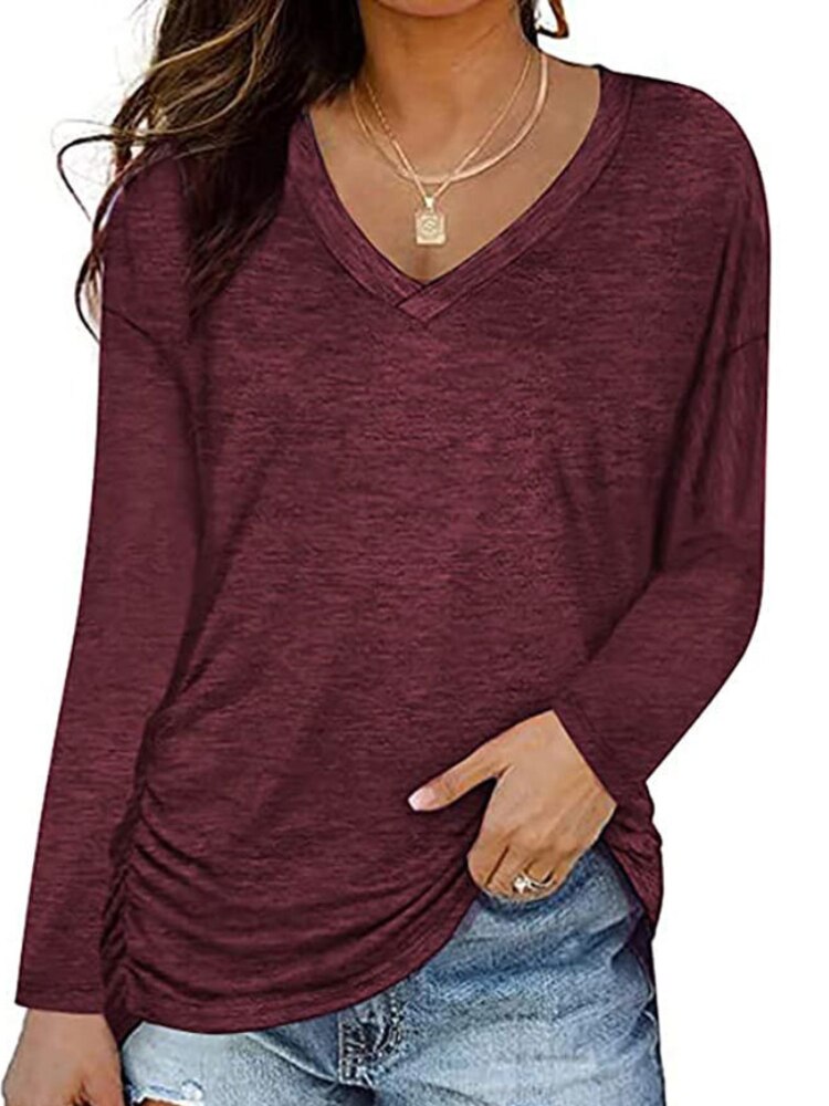 Sweat-shirt-l-ger-manches-longues-pour-femme-col-en-V-t-shirt-volants-Y