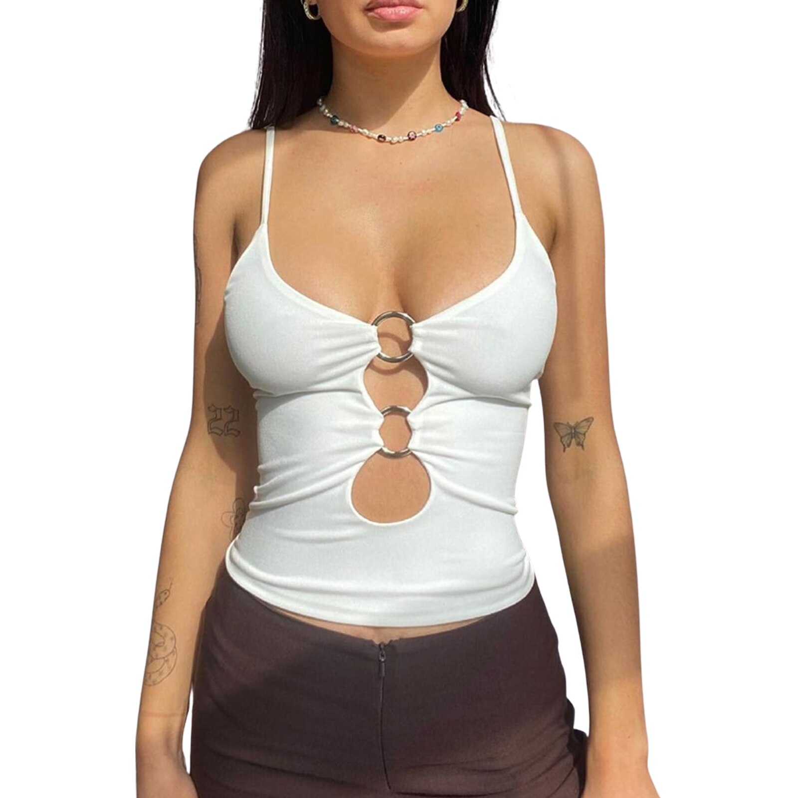 Camisole-moulante-avec-cerceau-d-coratif-pour-femmes-hauts-court-col-en-U-de-couleur-unie