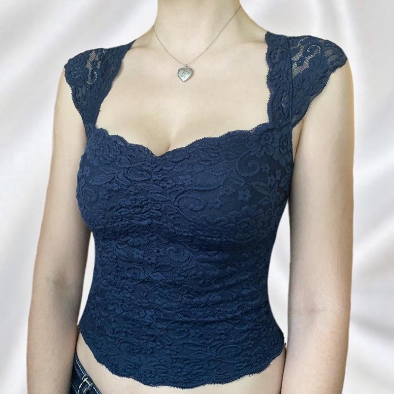 Y2K-Haut-court-en-dentelle-florale-bleue-Fairycore-pour-femme-vintage-des-ann-es-Y-90