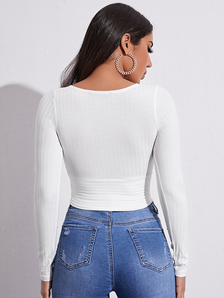 T-shirt-court-d-contract-manches-longues-pour-femme-col-en-V-ventre-nu-lit-en